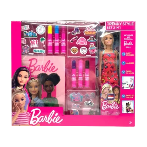 طقم باربي 2 * 1  دمية + دفتر تلوين وكتابة Barbie Trendy Style