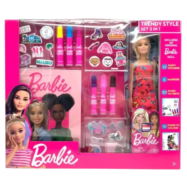 طقم باربي 2 * 1  دمية + دفتر تلوين وكتابة Barbie Trendy Style