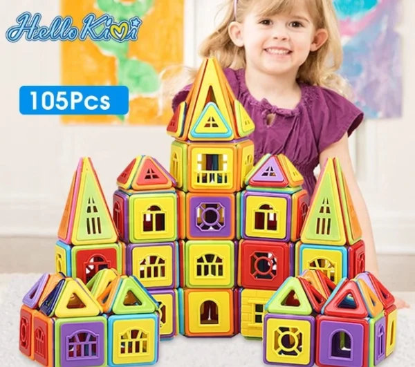 ⁦طقم بلاطات مغناطيسية – 98 قطعة، ألعاب STEM مع سيارتين.⁩ - الصورة ⁦2⁩