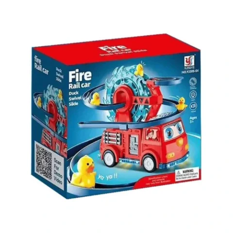 لعبة Fire Rail Car – قطار إطفاء مع بطّ دوّار وزحليقة ممتعة 🚒🦆