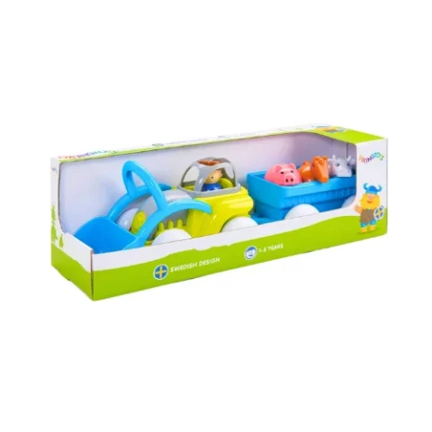 طقم لعبة تراكتور من Viking Toys مع مقطورة، رجل و3 حيوانات – لعبة تعليمية وممتعة للأطفال، تنمي الخيال والتفاعل