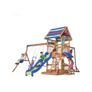 طقم ألعاب خارجي Backyard Discovery Beach Front – مصنوع من خشب السدر الطبيعي، يشمل زحليقة موجة، منصة لعب، عوارض قرود، سلم تسلق، منطقة نزهة مظللة، بار للوجبات، مرجيحات حزام، ترامبولين، ومنطقة رمل – مثالي للحديقة ويوفر متعة وحركة آمنة للأطفال