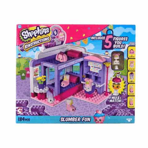 مجموعة بناء “Shopkins” – بيت النوم الممتع مع 5 شخصيات تبنيها بنفسك! 🏠✨