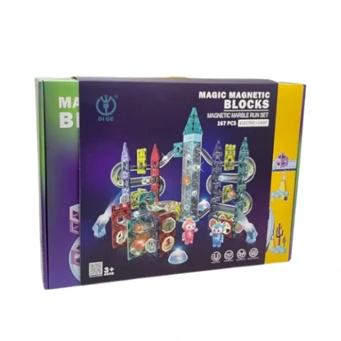 طقم Magic Magnetic Blocks – لعبة مكعبات مغناطيسية مع مسار كرات 167 قطعة مع كهرباء وضوء 🧲💡