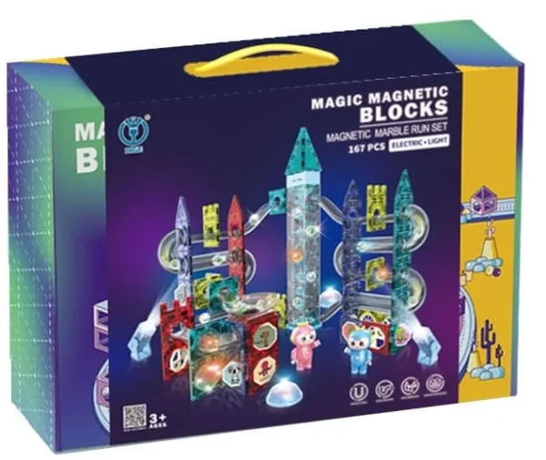 Magic Magnetic Blocks Set – 167 Magnetic Pieces Marble Run with Electric Light - Image 2