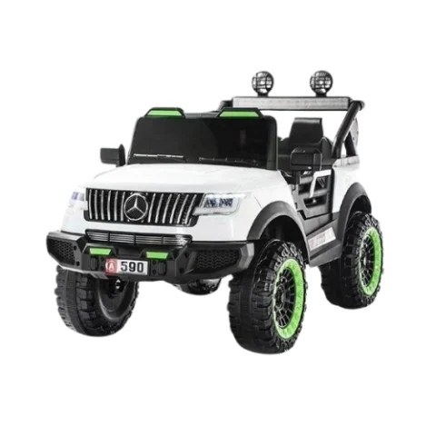 🚙⚡️ سيارة كهربائية أطفال لونها أبيض مع تكتكات خضراء وأضواء LED رهيبة!